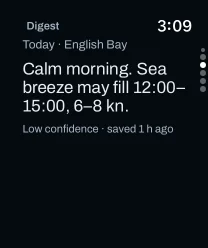 The Telltale digest on an Apple Watch: today in English Bay, calm morning, sea breeze may fill 12:00–15:00 at 6–8 kn, low confidence.
