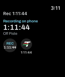 Telltale complications on an Apple Watch face: recording on phone for 1:11:44.