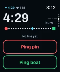 The Telltale line page on an Apple Watch: 4:29 to the gun, the line drawn from pin to boat, and Ping pin and Ping boat buttons.