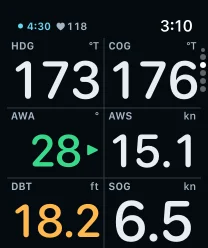The Telltale Numbers page on an Apple Watch: heading 173, COG 176, AWA 28, AWS 15.1 kn, depth 18.2 ft, SOG 6.5 kn.