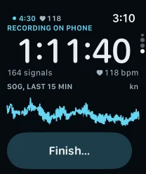 The Telltale recorder on an Apple Watch: recording on phone for 1:11:40, 164 signals, 118 bpm, the last 15 minutes of SOG, and Finish.