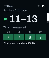 A Telltale spot on an Apple Watch: Jericho, 11–13 kn from the west, measured two minutes ago, hourly bars for the next hours and slack at 15:28.