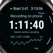 The Telltale Recorder page on a Garmin: recording on phone for 1:11:40, with the last 15 minutes of SOG.