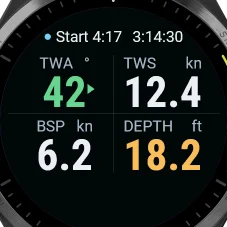 The Telltale Station page on a Garmin: TWA 42 on starboard, TWS 12.4 kn, boat speed 6.2 kn, depth 18.2 ft.