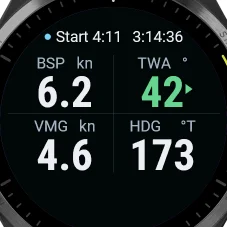 The Telltale Tack page on a Garmin: boat speed 6.2 kn, TWA 42, VMG 4.6 kn, heading 173.