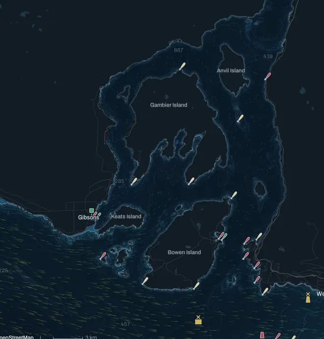 Telltale Conditions over lower Howe Sound: the wind field flowing between Gambier, Keats and Bowen islands, over the terrain and seabed that steer it.