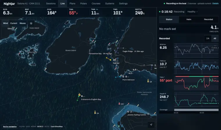 Telltale Onboard, Station page, with no mark set: the VMG, and the Recorded strips for SOG, true wind speed, true wind angle and depth beside the chart.