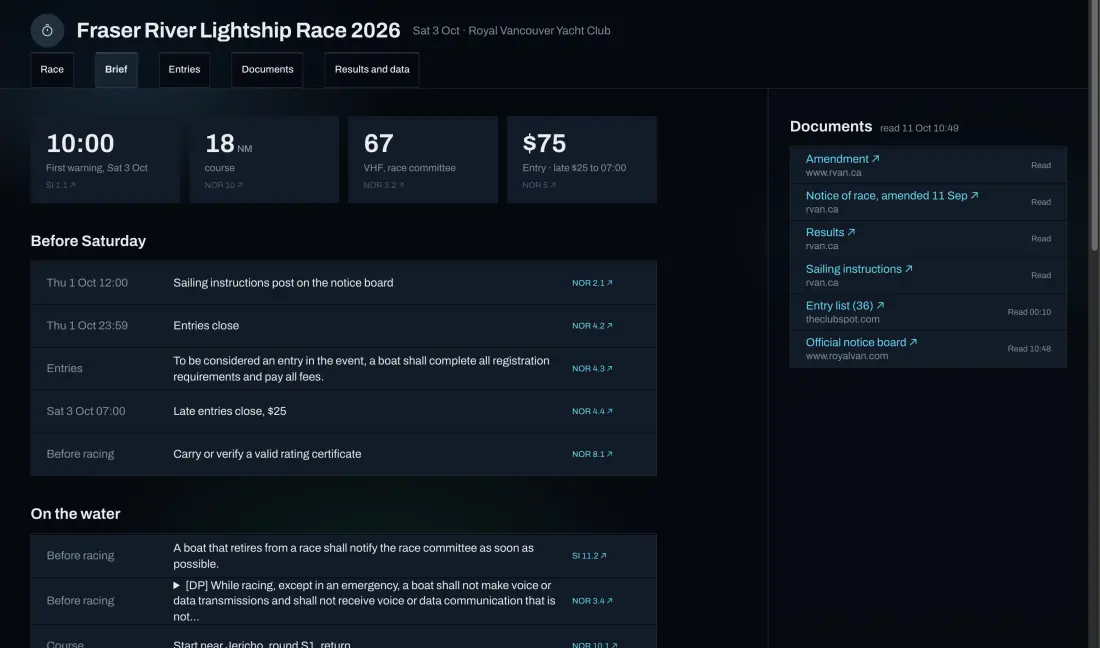 The Brief tab of a Telltale race page.