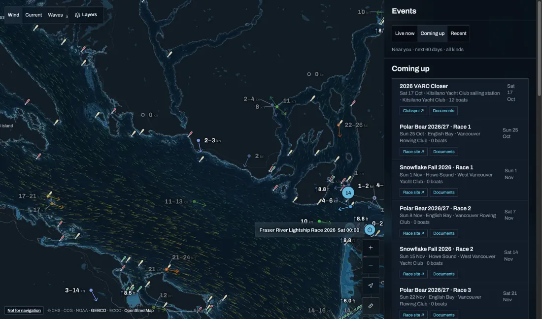 The Telltale Races page: a chart of the Salish Sea with live wind, and a list of coming races with their dates, clubs, entries and links to each race site and its documents.