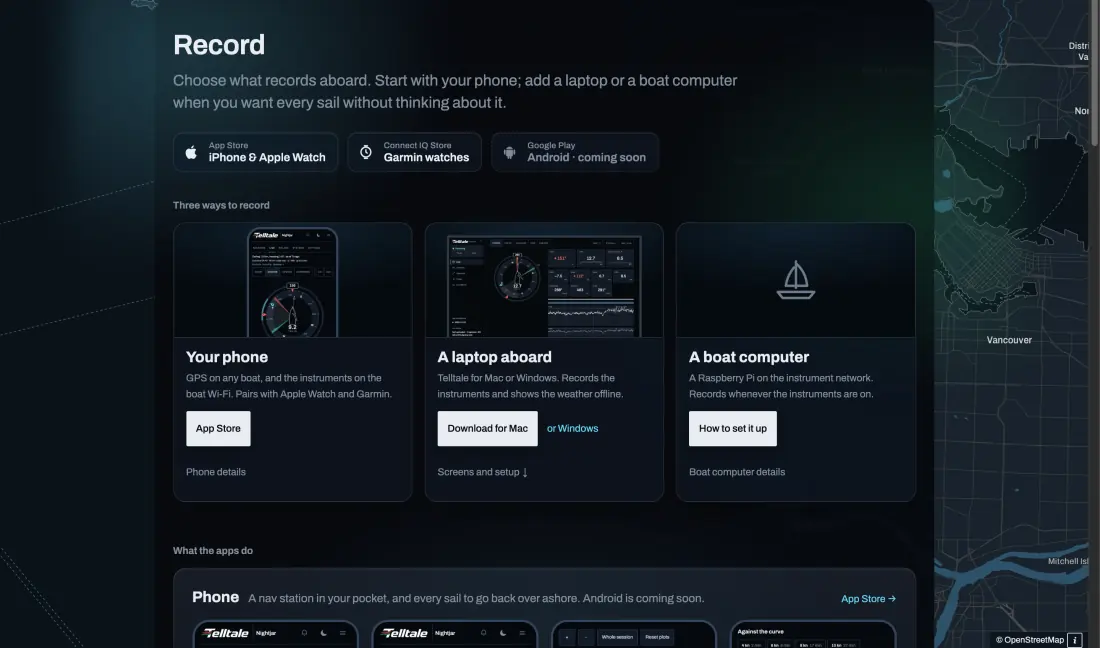 The Telltale Record page: three ways to record, your phone, a laptop aboard and a boat computer, with the apps for each.