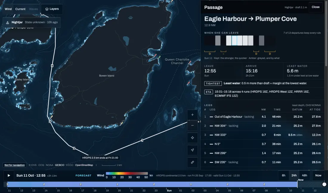 A Telltale passage plan drawn on the Conditions chart, with its legs, arrival time and least depth.