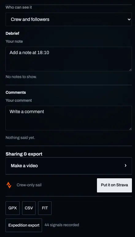The More tab: who can see the session, a debrief note field, comments, and Sharing and export with Make a video, GPX, CSV, FIT and Expedition export.